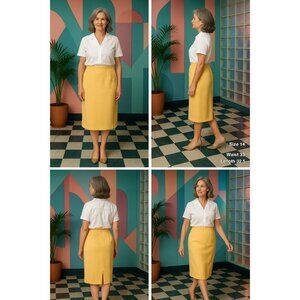 Vintage 80s 90s Jessica Taylor Yellow Midi Pencil Skirt Sz 14 Polyester